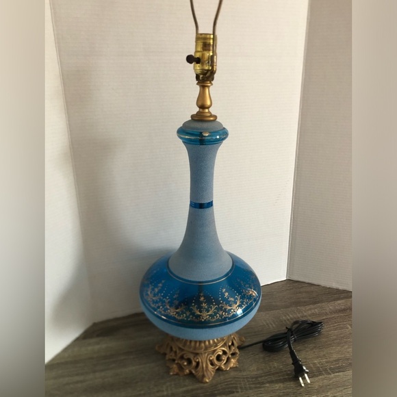 Vtg France Made Blue Sugared Glass Table Lamp - Picture 10 of 13